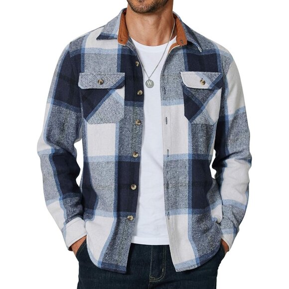 Coofandy Men Blue Flannel Plaid Button Down Jacket Shirt with Pockets - Picture 1 of 6